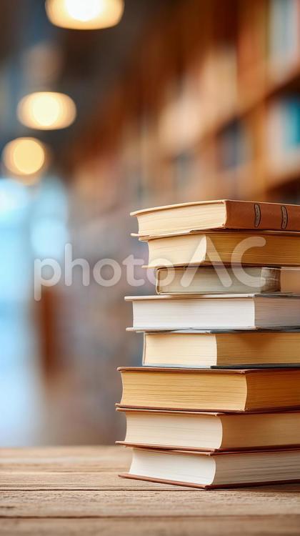 図書館の温もりある照明に照らされた本 図書館,本,書籍の写真素材