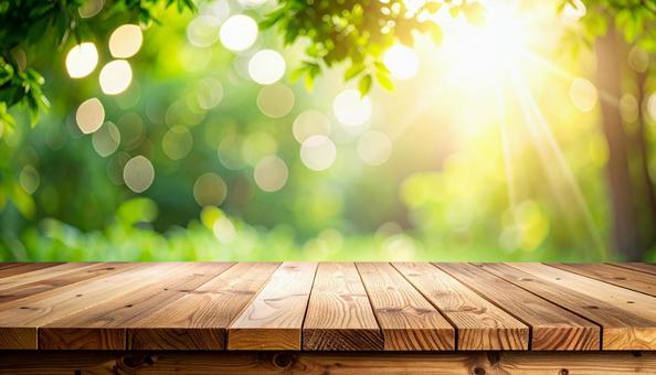 新緑と木のテーブル素材の写真