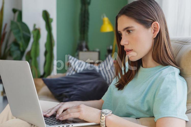 パソコン作業中の女性の横顔 女性,パソコン,真剣の写真素材