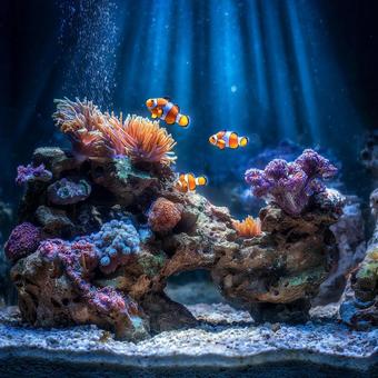 カラフルな熱帯サンゴとクマノミの水中風景 カラフルな熱帯サンゴとクマノミの水中風景の写真