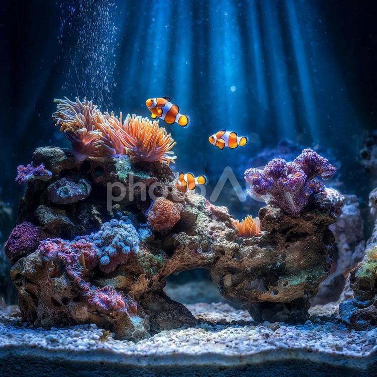 カラフルな熱帯サンゴとクマノミの水中風景 クマノミ,サンゴ礁,熱帯魚の写真素材