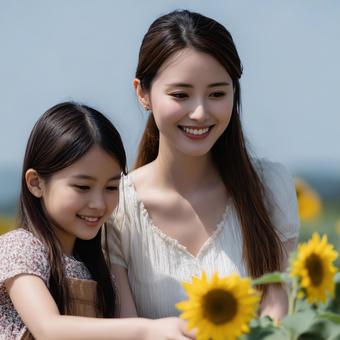 ひまわりと笑顔の母と娘 ひまわりと笑顔の母と娘の写真