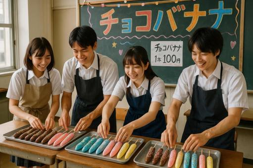 チョコバナナを並べる高校生 チョコバナナを並べる高校生の写真
