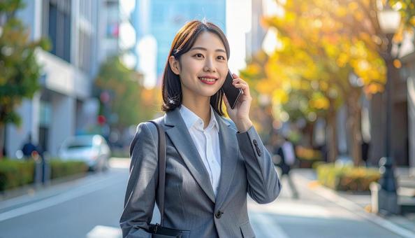 グレーのスーツを着たビジネスウーマンの写真