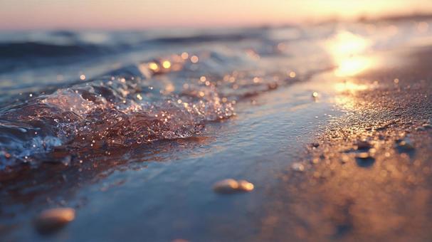 Sunset on the beach with gentle waves lapping, wave, beach, setting sun, JPG