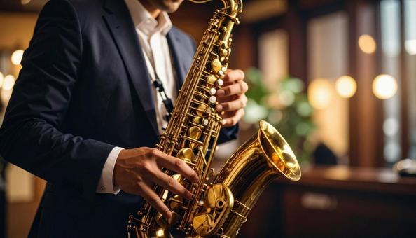 バリトンサックスを演奏する男性 バリトンサックスを演奏する男性の写真