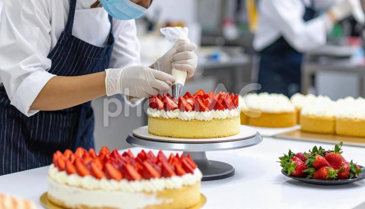 お菓子作り　クリームでデコレーションする パティシエ,手元,シェフの写真素材
