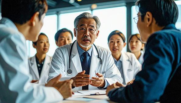 治験の説明会で患者へ詳細を説明する医師 治験の説明会で患者へ詳細を説明する医師の写真
