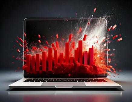 Bar graph of notebook computer falling into the red, deficit, bankruptcy, cut back, JPG