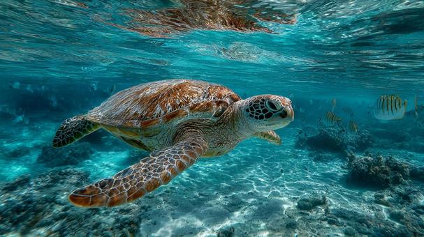 透明な青い海を優雅に泳ぐウミガメ 透明な青い海を優雅に泳ぐウミガメの写真