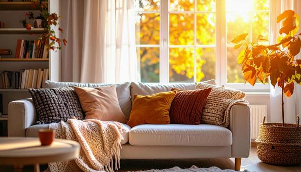 紅葉の見える部屋・秋色のインテリアの写真