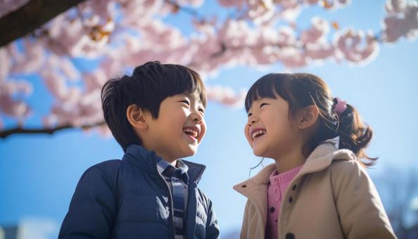 おしゃべりする男の子と女の子 おしゃべりする男の子と女の子の写真