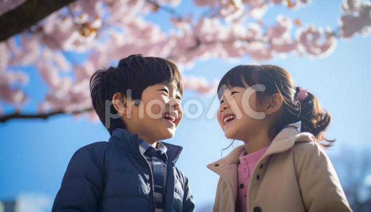 おしゃべりする男の子と女の子 小学生,友達,仲良しの写真素材