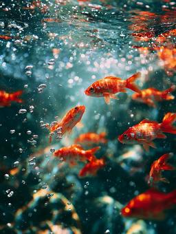 きらめく水中で戯れる金魚のクローズアップ きらめく水中で戯れる金魚のクローズアップの写真
