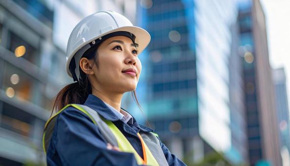 ビル背景に斜め上を見る若い女性建設作業員 ビル背景に斜め上を見る若い女性建設作業員の写真