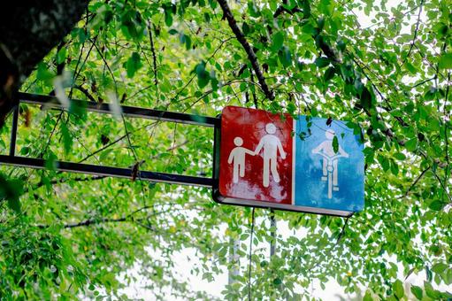 緑の中を歩く道路標識 秋,緑,葉の写真素材