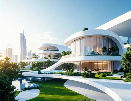 幾何学的建築が並ぶミニマル未来型都市風景の写真