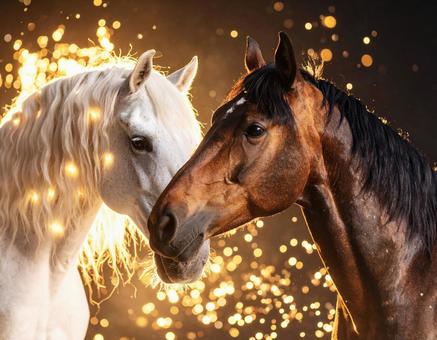 金色に輝く馬と流れるたてがみの幻想的な光 金色に輝く馬と流れるたてがみの幻想的な光の写真