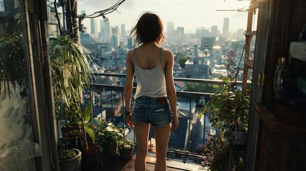 夏の朝、街を見下ろして 夏の朝、街を見下ろしての写真