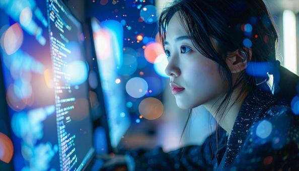 未来的なオフィスで作業するプログラマー 未来的なオフィスで作業するプログラマーの写真
