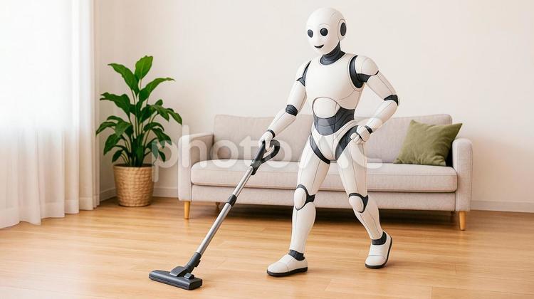 掃除機をかける家事ロボットのイメージ ロボット,ヒューマノイド,掃除の写真素材