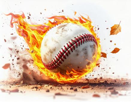 剛速球で炎をまとって飛ぶ野球ボールの写真