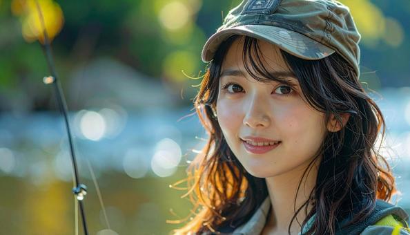 釣りの様子を動画配信する女性 釣りの様子を動画配信する女性の写真