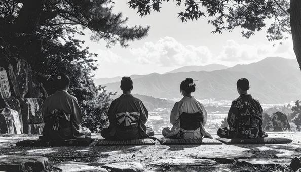 正座して手を合わせる江戸時代の着物姿の人 正座して手を合わせる江戸時代の着物姿の人の写真
