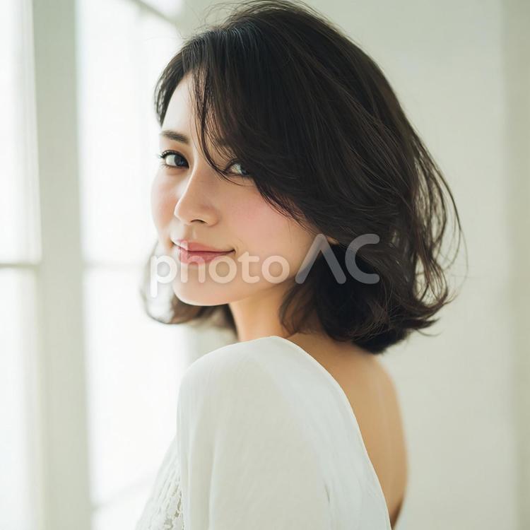 優しい眼差しのポートレート 女性,アジア人,ショートヘアの写真素材