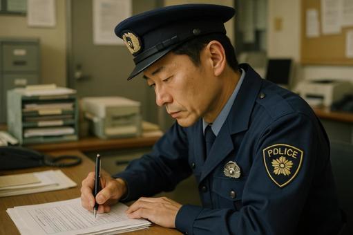 書類を作成する警察官の横顔 書類を作成する警察官の横顔の写真