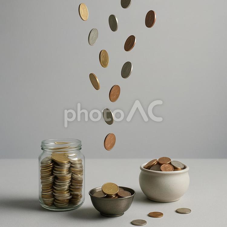 降り注ぐ硬貨（瓶と器の中の資産） 硬貨,金貨,銀貨の写真素材
