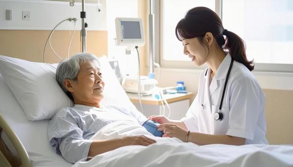 患者の血圧を測る看護師 患者の血圧を測る看護師の写真