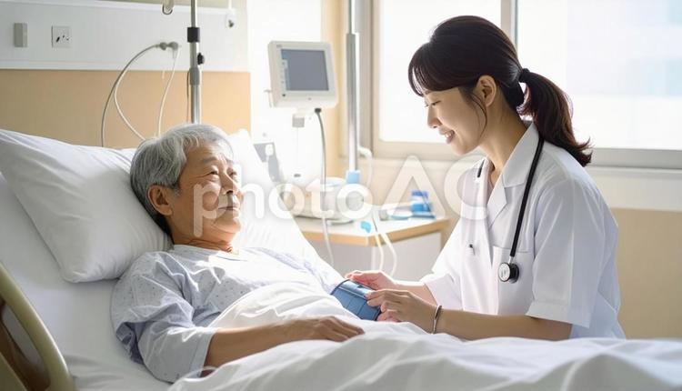 患者の血圧を測る看護師 医療,看護師,患者の写真素材