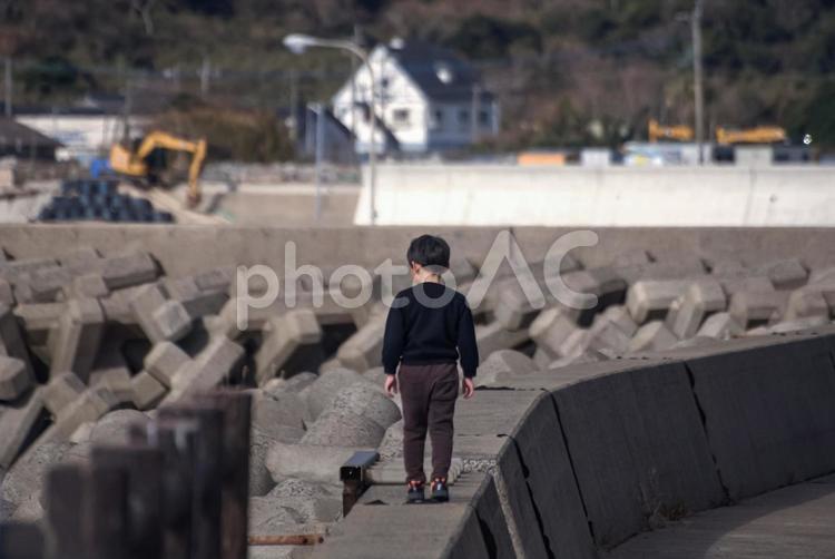 ※＜素材＞秋の防波堤を一人で歩く男の子 子供,男性,人物の写真素材