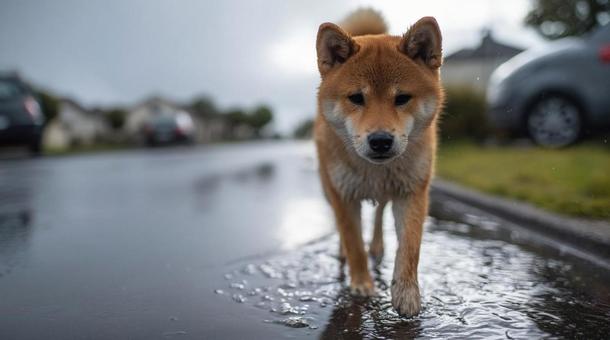 雨上がりの道路でこちらへ向かって歩く柴犬 雨上がりの道路でこちらへ向かって歩く柴犬の写真