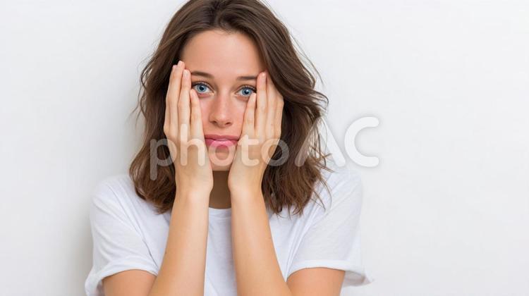 困惑した表情で顔に手を当てる女性 女性,女の子,若いの写真素材