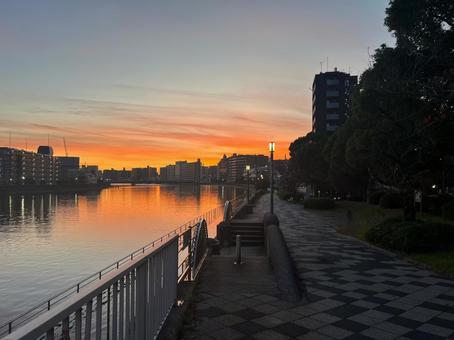 鶴見川の黄昏どき 鶴見川の黄昏どき 鶴見川,黄昏時,夕暮れの写真素材