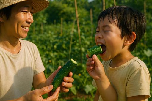 畑のキュウリ試食 畑のキュウリ試食の写真