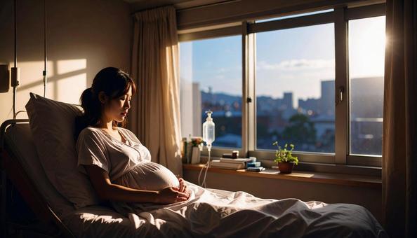 本を読んで安静にして点滴を打つ妊婦 本を読んで安静にして点滴を打つ妊婦の写真
