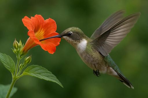 ハチドリがオレンジ色の花から蜜を吸う瞬間 ハチドリがオレンジ色の花から蜜を吸う瞬間の写真