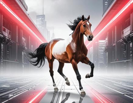 午年フォト・未来都市を駆ける馬（紅白）の写真