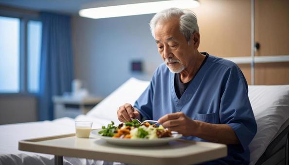 端座位で食事をするシニア男性の患者 端座位で食事をするシニア男性の患者の写真