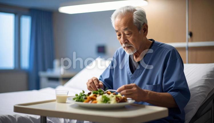 端座位で食事をするシニア男性の患者 患者,端座位,病人食の写真素材
