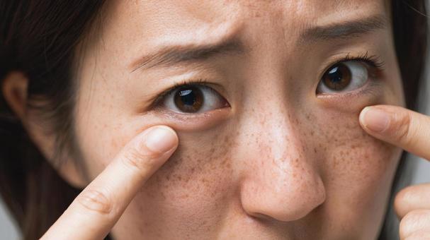 顔のシミに悩む女性 顔のシミに悩む女性の写真