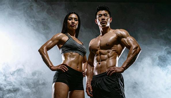 鍛え上げられた体でポーズをとる男女 鍛え上げられた体でポーズをとる男女の写真
