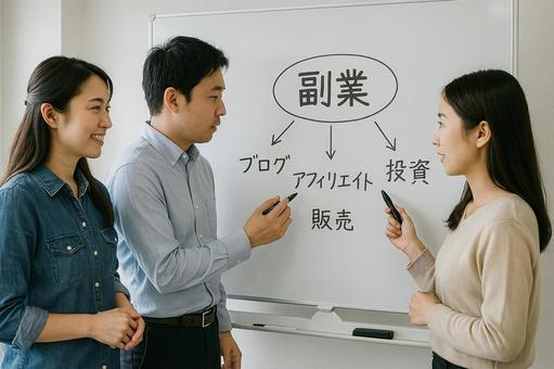 副業について話し合うビジネスパーソンたち 副業について話し合うビジネスパーソンたちの写真