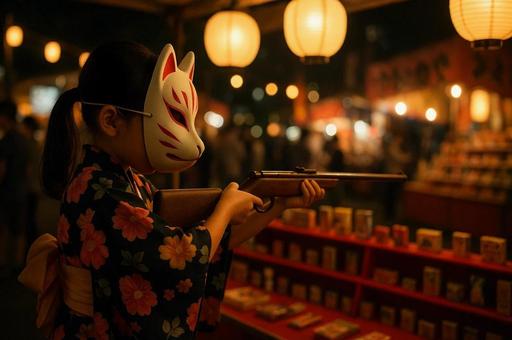 夏祭りの屋台で射的を楽しむ女の子 夏祭りの屋台で射的を楽しむ女の子の写真