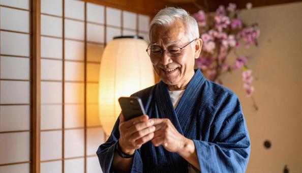 和室でスマホを操作し笑顔の高齢日本人男性 和室でスマホを操作し笑顔の高齢日本人男性の写真