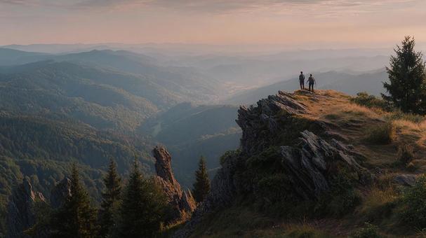 広大な山並みを歩く登山グループの写真