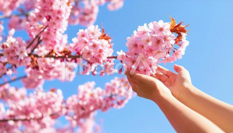 満開の桜に手を伸ばす 花見,好奇心,余暇の写真素材